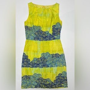 Anthropologie Tabitha Yellow Chartreuse Azure Scroll Shift Cocktail Dress